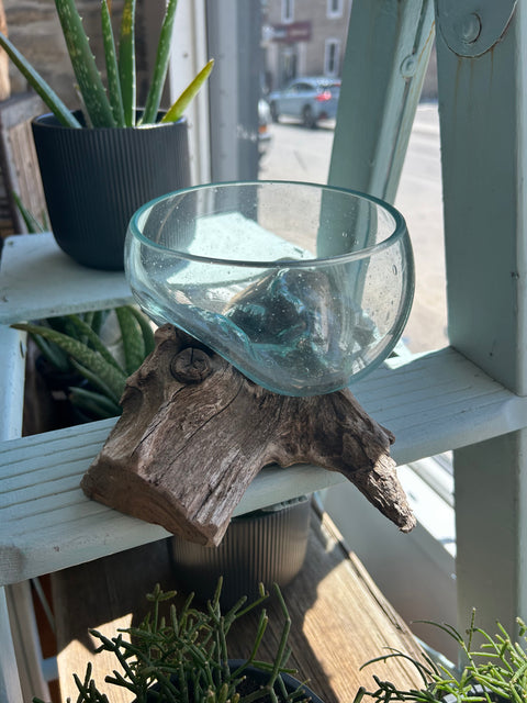 Glass blown drift wood containers